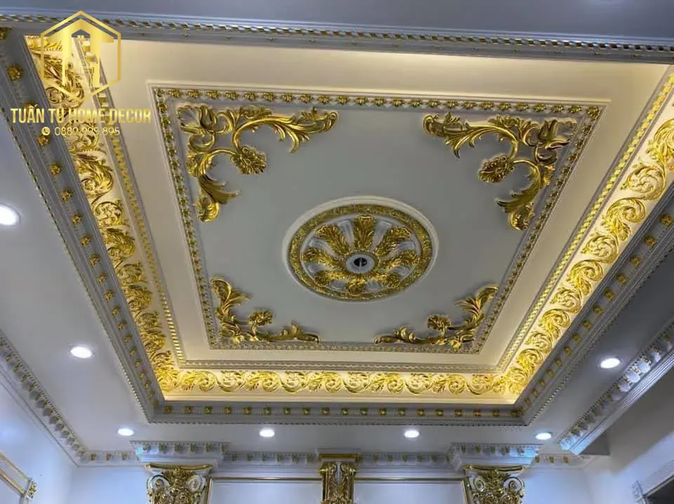 Mẫu phào chỉ trần PU tân cổ điển dát vàng 3